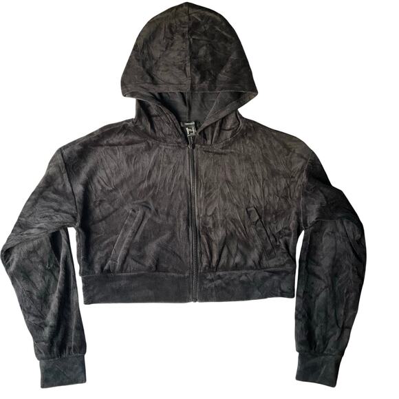FOREVER 21 Women Cropped Jacket size M Full Zip Velvet Hoodie Black - Picture 1 of 9